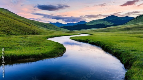 Serene Twilight Scene: Still River Winding Through Lush Meadow with Soft Pink Skies and Green Hills