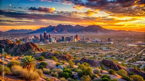 Wallpaper Mural Phoenix Arizona Skyline Panorama, Desert Cityscape, Aerial View, Sunsets, Mountains, Urban Landscape, Bird's Eye View,  High Resolution Torontodigital.ca