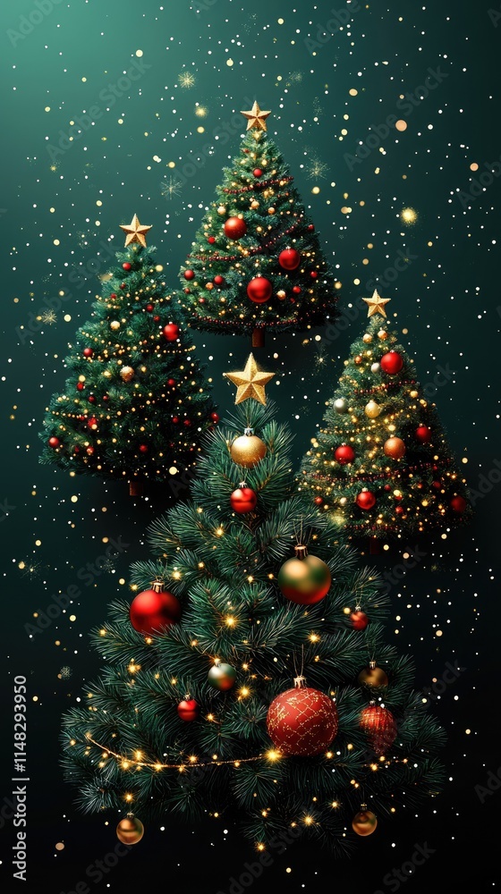 Christmas trees decorated with ornaments and lights on snowy background Christmas trees decorated with ornaments and lights on snowy background