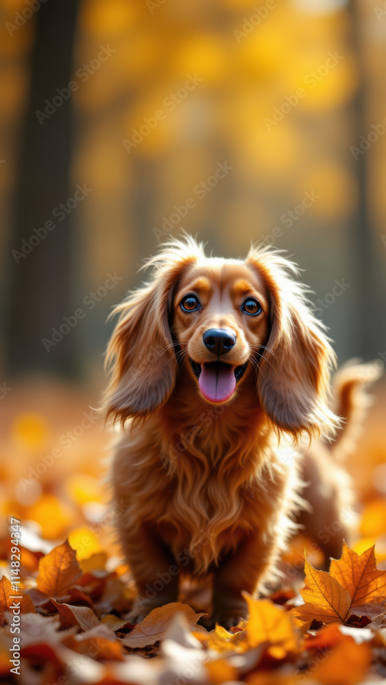 A happy dachshund standing on fall leaves with a blurred forest background. A happy dachshund standing on fall leaves with a blurred forest background.