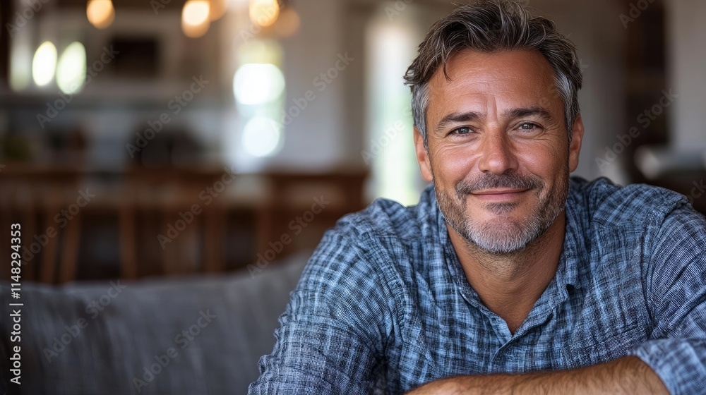 Happy mature man smiling and relaxing on sofa at home Happy mature man smiling and relaxing on sofa at home