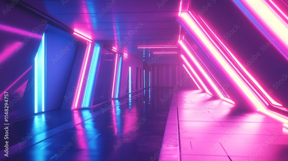Naklejka premium Futuristic neon-lit corridor with vibrant pink and blue glowing lines reflecting on glossy floor.