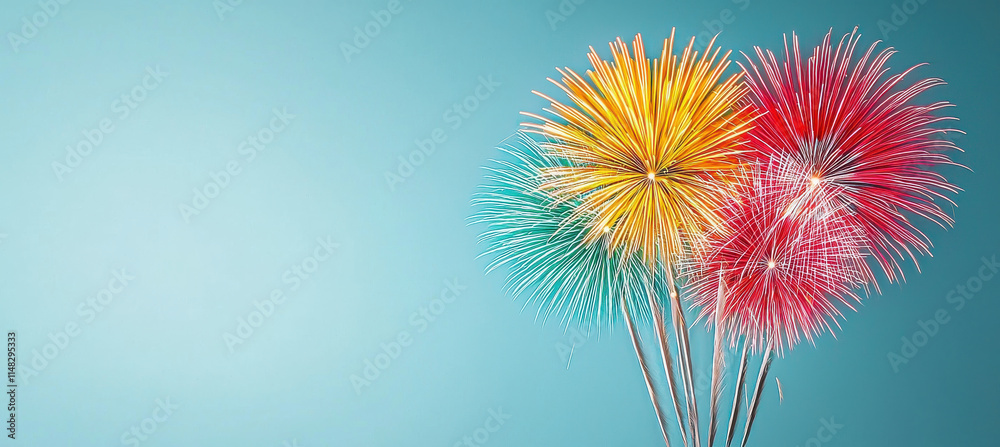 Fototapeta premium Colorful fireworks burst against clear blue sky, creating vibrant display