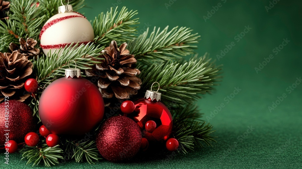 Festive Christmas Decoration with Red and White Ornaments, Pine Cones, and Berries on Green Festive Christmas Decoration with Red and White Ornaments, Pine Cones, and Berries on Green