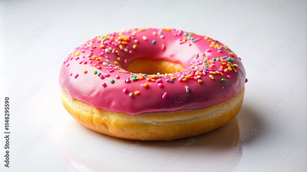 Pink Donut Macro Photography, Close Up Glazed Donut, Sweet Treat, Bakery Food, Dessert Image, White Background Pink Donut Macro Photography, Close Up Glazed Donut, Sweet Treat, Bakery Food, Dessert Image, White Background