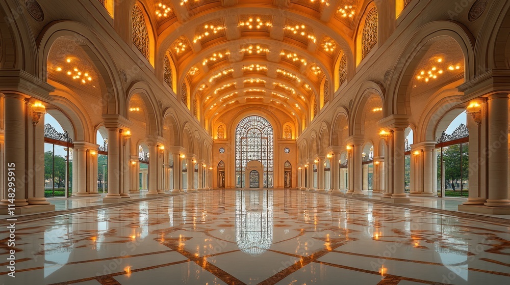 Fototapeta premium Grand hall with marble floor, arched ceilings, and warm lighting.