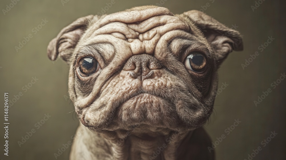 a wrinkly pug with its snout squished, resembling a duck face, looking directly at the camera. a wrinkly pug with its snout squished, resembling a duck face, looking directly at the camera.