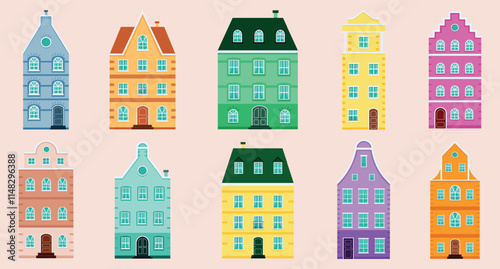 Collection of 10  houses in european style. Set of facades of buildings. Amsterdam style buildings. Cartoon  facades. Colorful houses set. Old city houses. Flat design. Vector illustration.