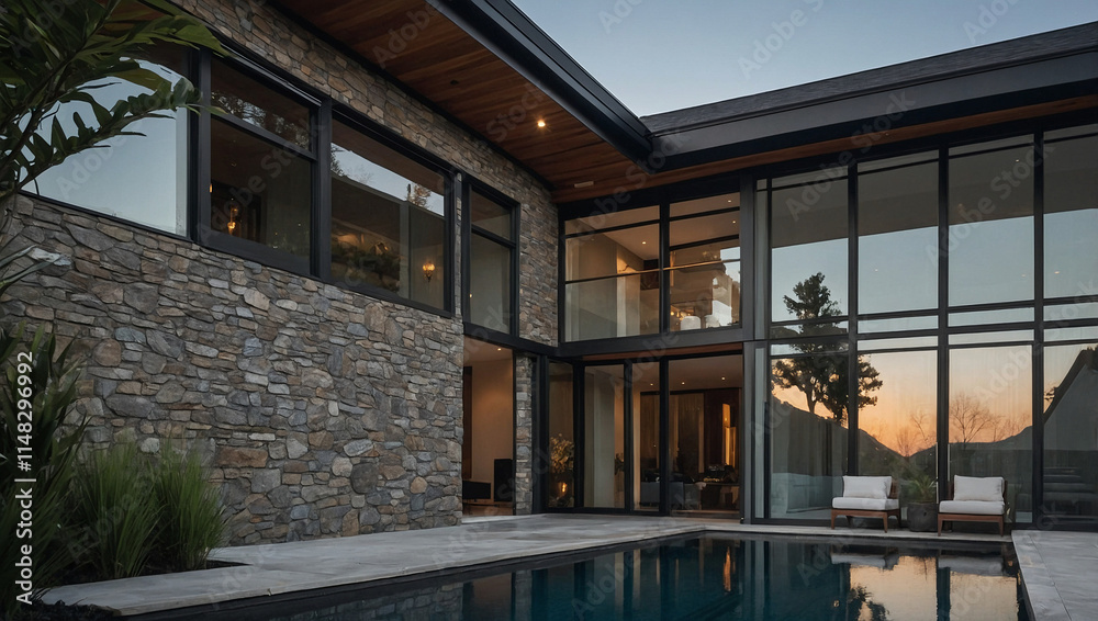 Modern Residence with Stone Facade, Extensive Windows, and Infinity Pool Modern Residence with Stone Facade, Extensive Windows, and Infinity Pool
