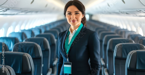 Flight attendant with accreditation poses facing the camera in the aisle of an airplane between seats
