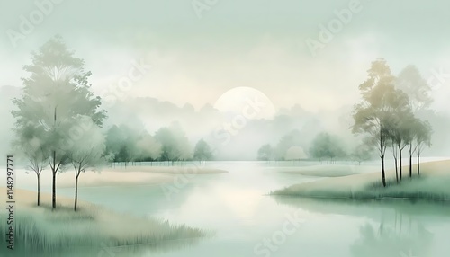 Serene Misty Morning Landscape With Trees and Lake