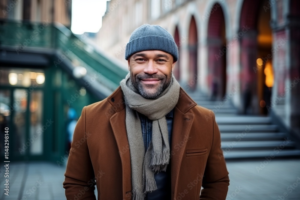 Portrait of a smiling man in winter coat and hat standing outside Portrait of a smiling man in winter coat and hat standing outside