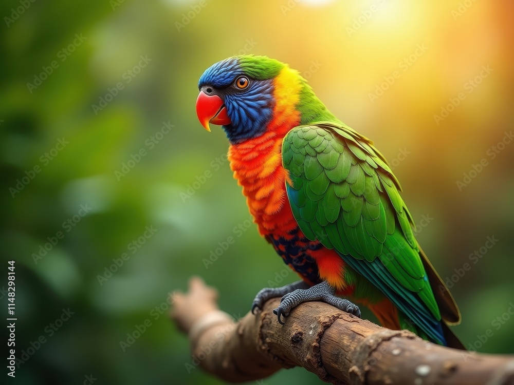 Colorful parrot perched on a branch in a lush forest during golden hour Colorful parrot perched on a branch in a lush forest during golden hour