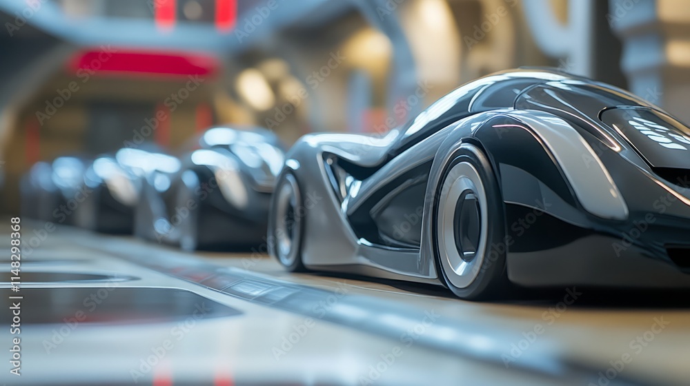 Modern cars elegantly arranged in an industrial showroom, showcasing sleek designs and advanced technology, embodying innovation and automotive excellence Modern cars elegantly arranged in an industrial showroom, showcasing sleek designs and advanced technology, embodying innovation and automotive excellence
