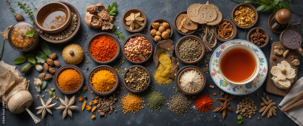 A table displaying Indian spices, tea, and international culinary elements, symbolizing cultural fusion. A table displaying Indian spices, tea, and international culinary elements, symbolizing cultural fusion.