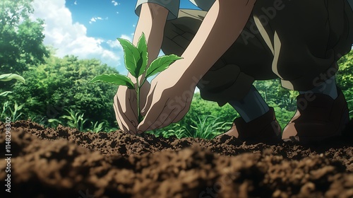 Close-up of a person planting a sapling in the rich soil of a rural farm, with lush greenery and a clear sky in the distance 