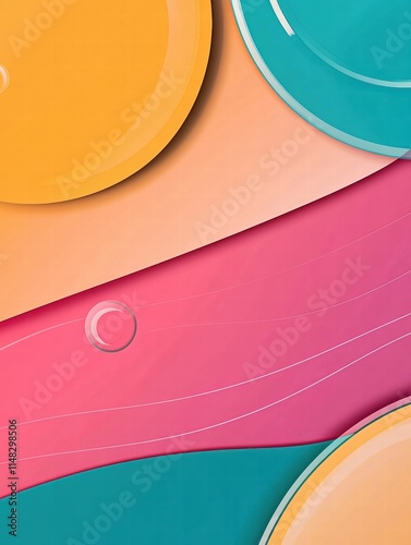 Vibrant and trendy flat design background in cartoon style,  Features bold, vivid colors with a gradient palette (pink, orange, teal, and yellow) and abstract geometric shapes