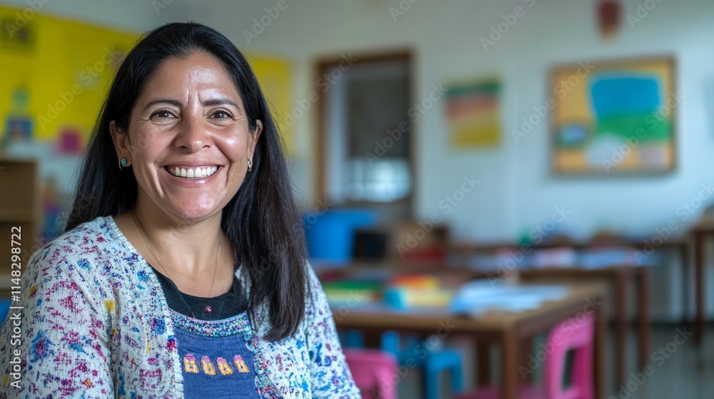 Smiling Latin American elementary school teacher standing confidently in a vibrant classroom, embodying education, warmth, professionalism, and a passion for teaching and nurturing young minds Smiling Latin American elementary school teacher standing confidently in a vibrant classroom, embodying education, warmth, professionalism, and a passion for teaching and nurturing young minds