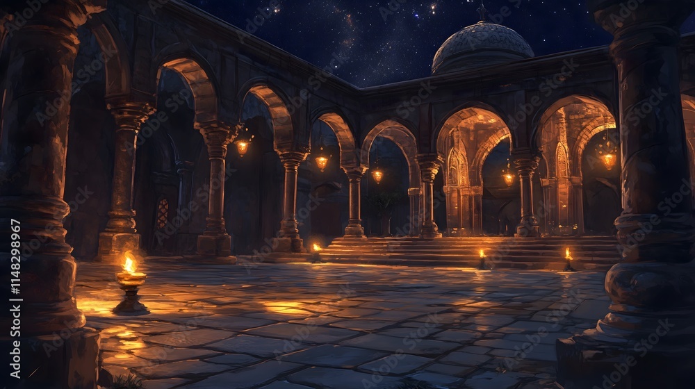 Fototapeta premium Candlelit Prayer in Temple Courtyard