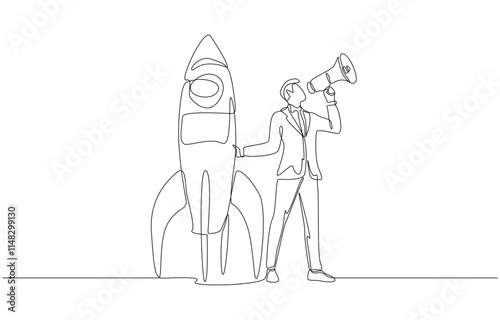 Continuous one line drawing of businessman standing next to rocket speaking through megaphone, opening startup company concept, single line art