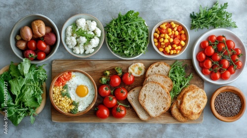 Wallpaper Mural Top view of mixed fresh salads and toppings on plates Torontodigital.ca