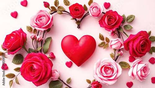 Elegant floral heart wreath with roses and leaves, perfect for Valentine-themed wedding invitations.