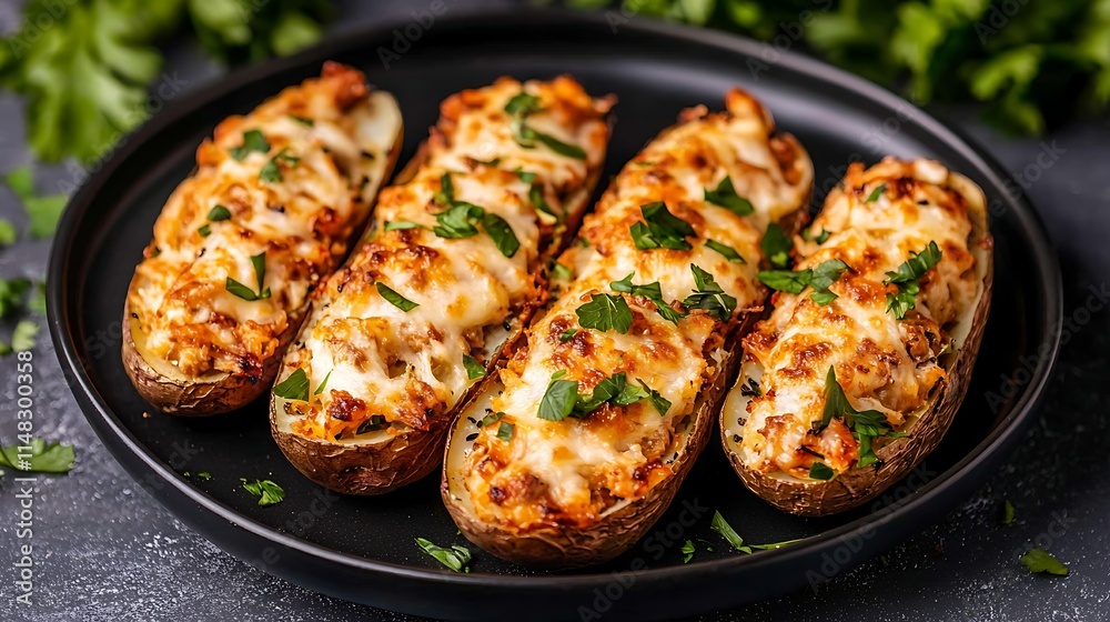 Baked Potato Boats with Cheese and Herb Topping Baked Potato Boats with Cheese and Herb Topping