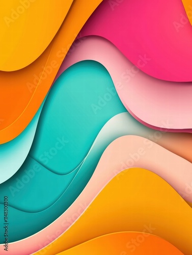 Vibrant and trendy flat design background in cartoon style,  Features bold, vivid colors with a gradient palette (pink, orange, teal, and yellow) and abstract geometric shapes