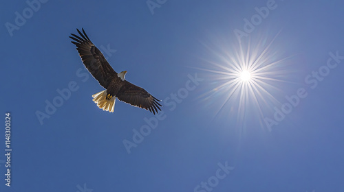 Wallpaper Mural Soaring bald eagle under bright blue sky with radiant sun above Torontodigital.ca
