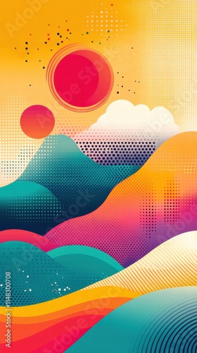 Vibrant and trendy flat design background in cartoon style,  Features bold, vivid colors with a gradient palette (pink, orange, teal, and yellow) and abstract geometric shapes