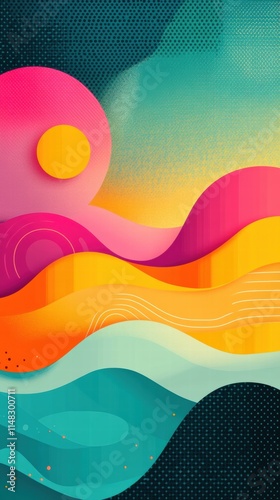 Vibrant and trendy flat design background in cartoon style,  Features bold, vivid colors with a gradient palette (pink, orange, teal, and yellow) and abstract geometric shapes