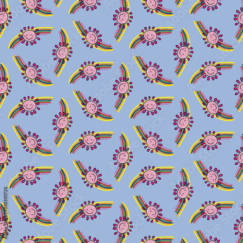 Cute Pink Sun and Rainbow Seamless Pattern on Blue