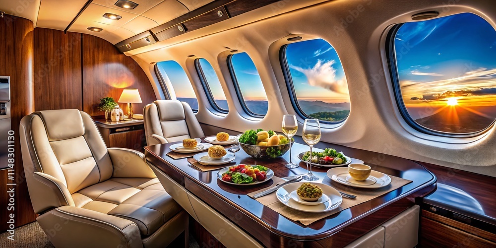 Fototapeta premium Private Jet Gourmet Meal Double Exposure: Luxury Air Travel Fine Dining Photography