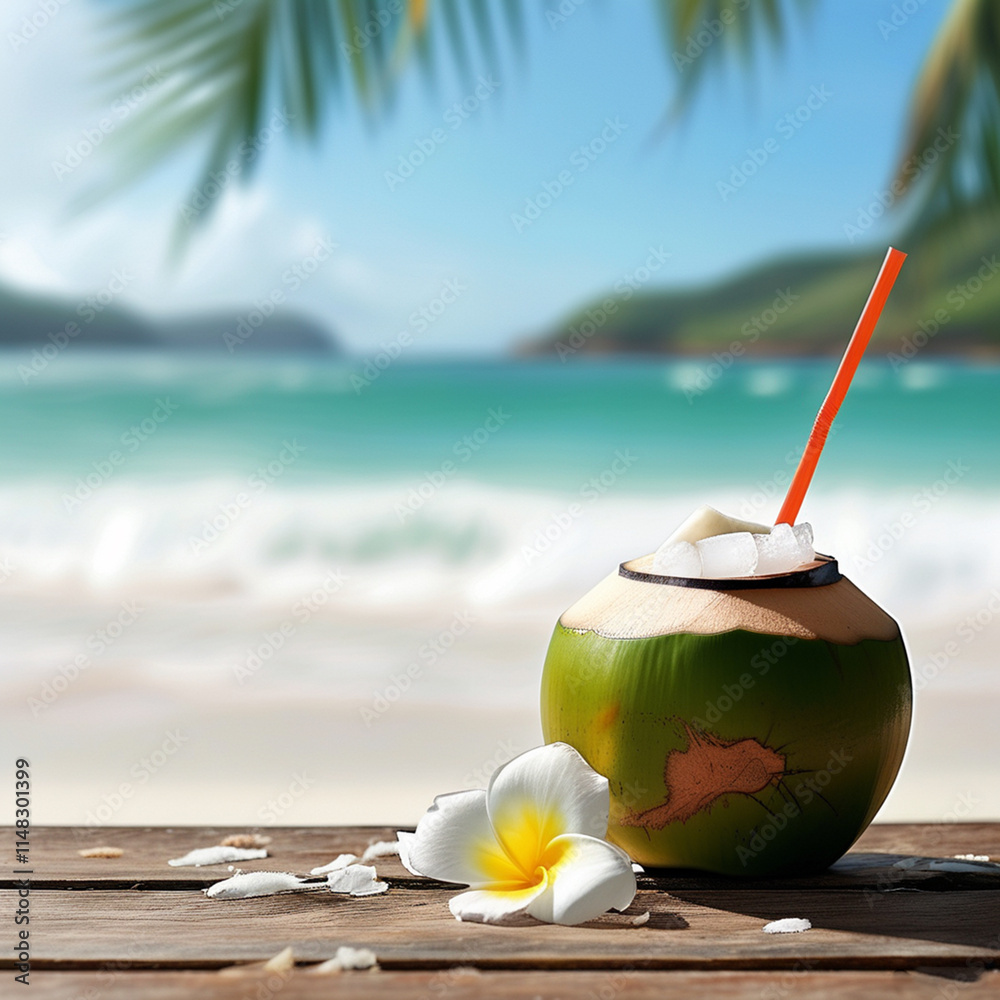 Young coconut ice with a beach background. Generative Ai Young coconut ice with a beach background. Generative Ai