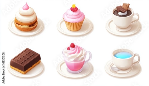 A delightful collection of sweet treats: cupcakes, cakes, chocolates, and drinks. Perfect for a sweet tooth. Enjoy these delectable desserts.