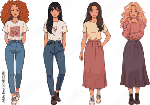 Vector illustration featuring portraits of casual women with diverse hairstyles and outfits. A versatile collection showcasing individuality and fashion for design projects.