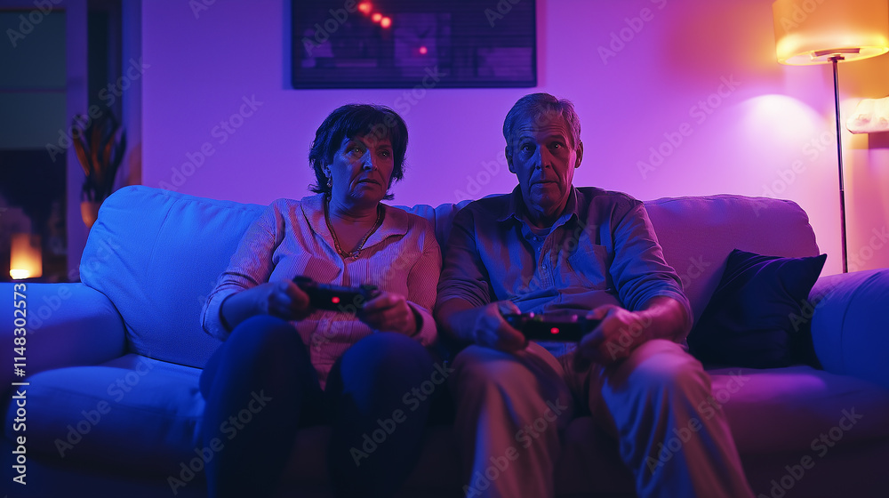 Naklejka premium Senior couple playing video games on a couch, joyful competition and bright indoor lighting