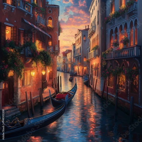 Venetian Sunset Canal: Gondolas glide serenely along a romantic canal in Venice, Italy, as the sun sets, casting a warm, enchanting glow on the historic buildings.  