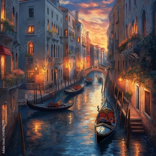 Venetian Sunset: A captivating painting of a romantic sunset over the canals of Venice, Italy. Gondolas glide gracefully through the water, casting long shadows under the warm glow of streetlights.