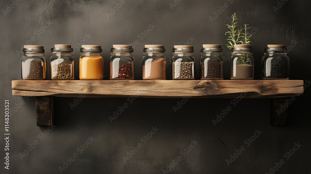 Spices in Glass Jars on Shelf Spices in Glass Jars on Shelf