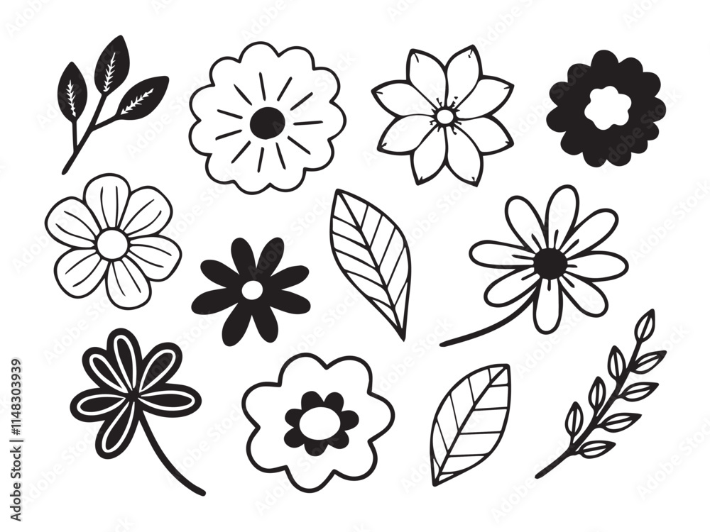 Fototapeta premium Flower element doodle hand drawn, cute icon, coloring book