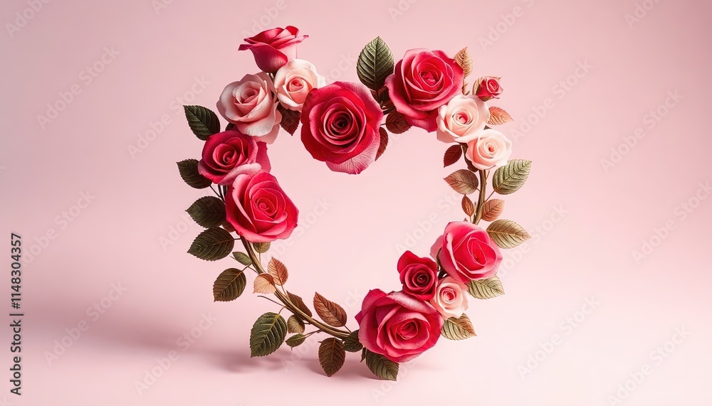 Elegant floral heart wreath with roses and leaves, perfect for Valentine-themed wedding invitations. Elegant floral heart wreath with roses and leaves, perfect for Valentine-themed wedding invitations.