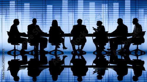Silhouettes of business professionals discussing strategies in a modern corporate boardroom setting
