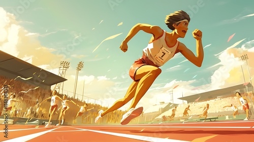 Dynamic Female Sprinter Competing on Track Field During Daytime