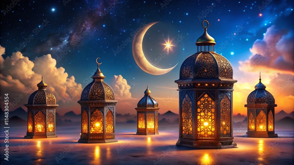 Obraz premium Ramadan Kareem Night Celebration: Arabic Lanterns, Moonlit Background