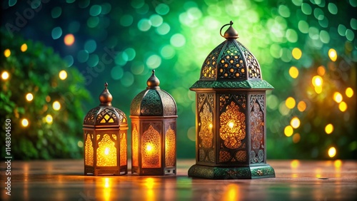 Ramadan Kareem Lantern, Arabian Ornament, Green Background, Bokeh, Candlelight, Islamic Decoration, Festive Lights