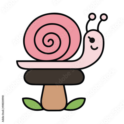 Coloring page with cute snail and mushrooms in grass for kids, kawaii black and white cartoon insects themed educational worksheet for print, game for preschoolers