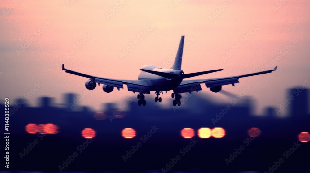Fototapeta premium Airplane landing at sunset over city.