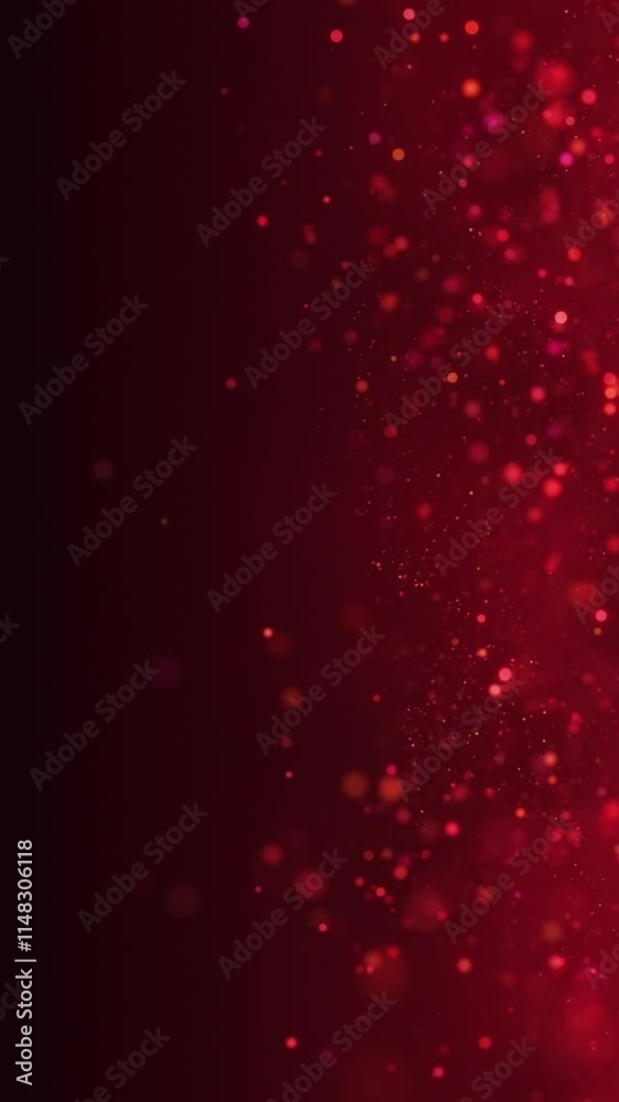 Red glowing circles particles dust flying at the middle right on a dark abstract background, bokeh effect, vertical composition. Loop animation footage for graphic design. Red glowing circles particles dust flying at the middle right on a dark abstract background, bokeh effect, vertical composition. Loop animation footage for graphic design.