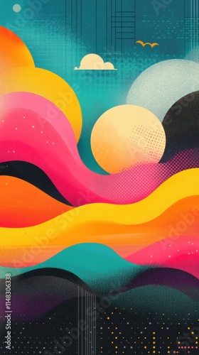 Vibrant and trendy flat design background in cartoon style,  Features bold, vivid colors with a gradient palette (pink, orange, teal, and yellow) and abstract geometric shapes